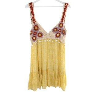 Zara Crochet Floral Babydoll Top Boho Tiered Shell Detail Small Yellow